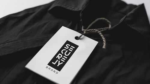 نظرة مكبرة لملصق معلق على قميص أسود