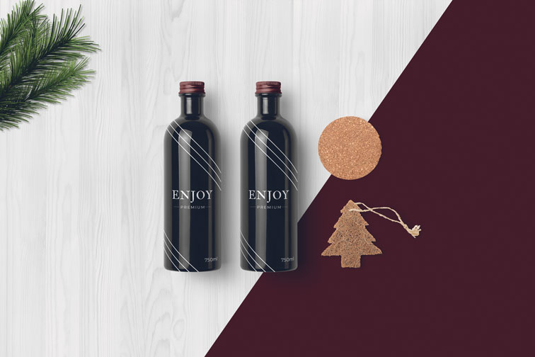 Glass Bottles on a Christmas Background