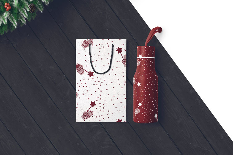 Christmas Bottle Bags on a Wooden Background