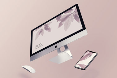 iMac, an iPhone, and an Apple Mouse