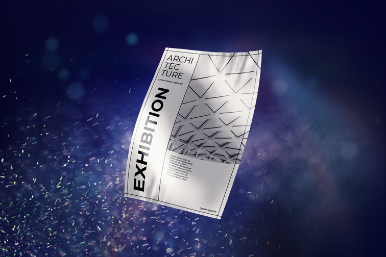 Folleto sobre un fondo azul de partículas